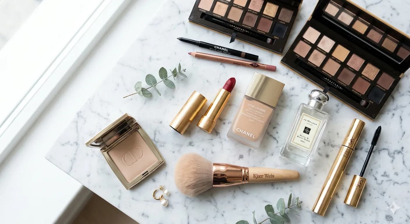 Beauty cosmetics and makeup flat-lay on marble surface
