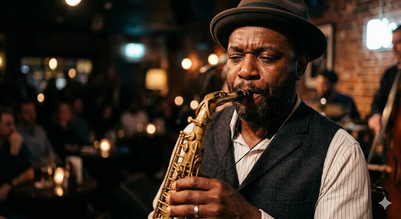AI-generated portrait of jazz saxophonist in warm ambient light