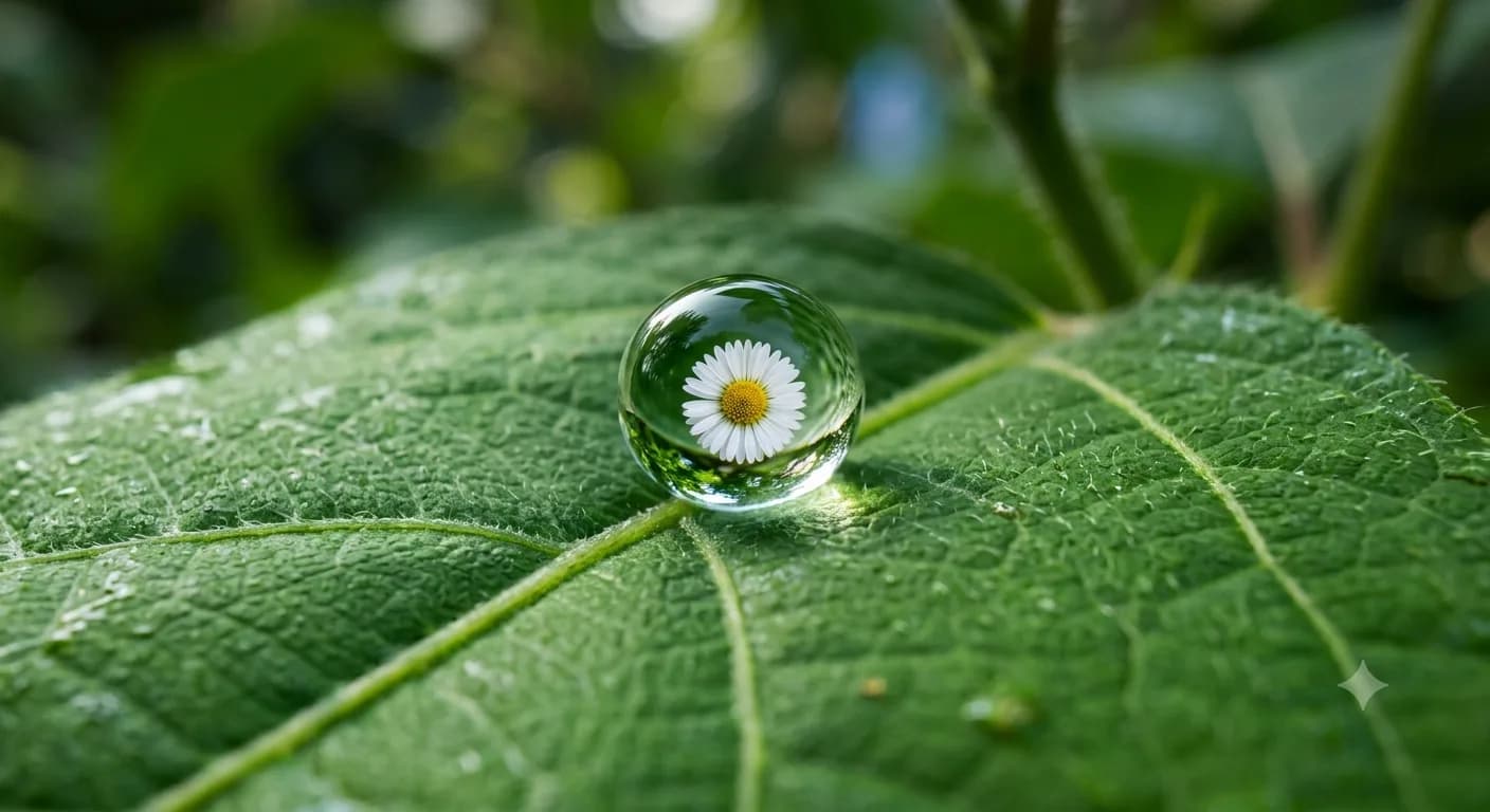 AI-generated macro photography of dewdrop with reflected daisy on monstera leaf