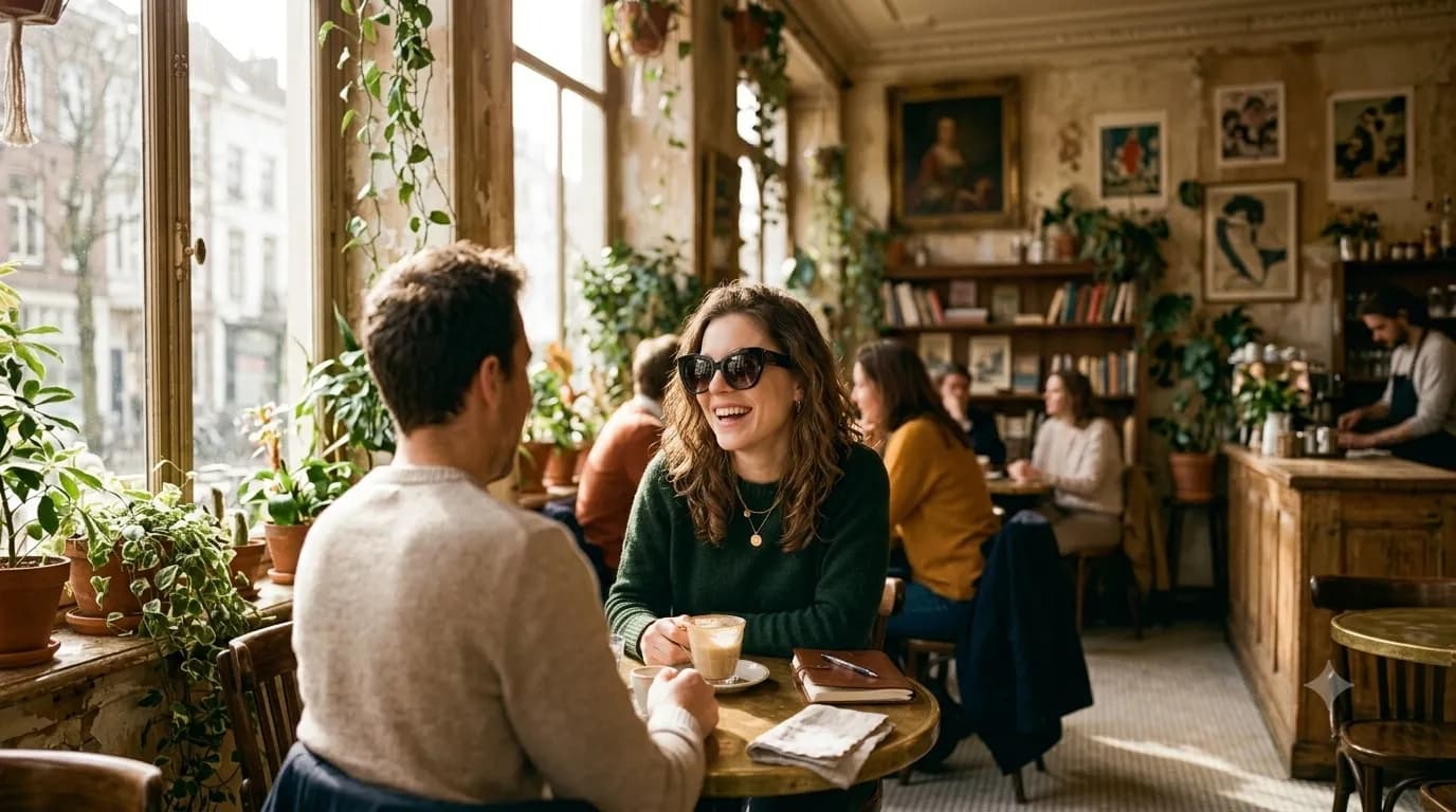 Young woman with sunglasses in a cafe, warm natural lighting