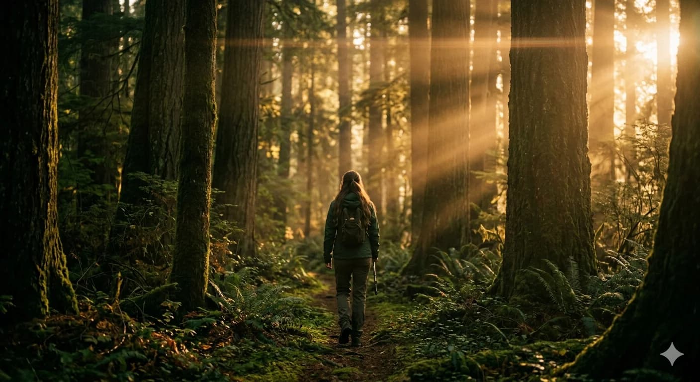 AI-generated cinematic forest scene with golden light rays