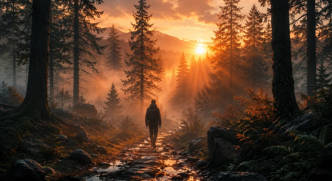 Basic prompt: person walking through forest at sunrise