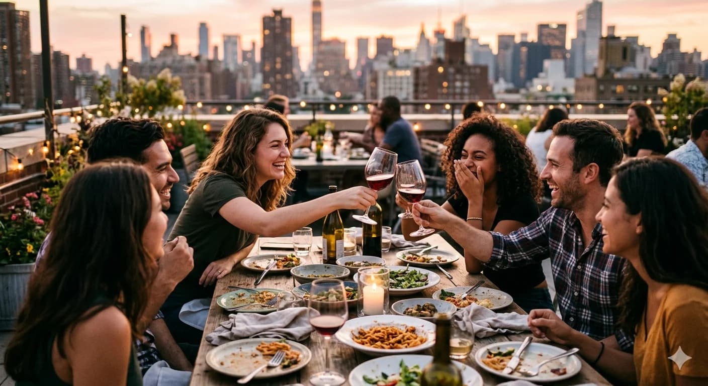 AI-generated lifestyle photography of friends at rooftop dinner