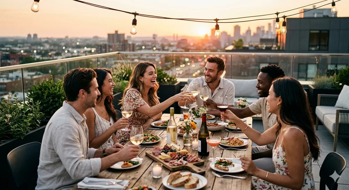 Basic prompt: friends having dinner on rooftop at sunset