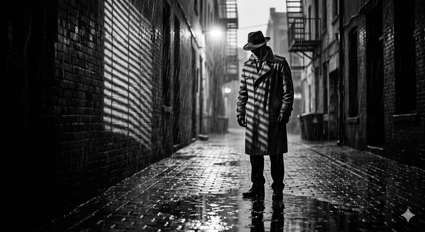 AI-generated film noir photography with rain and venetian shadows