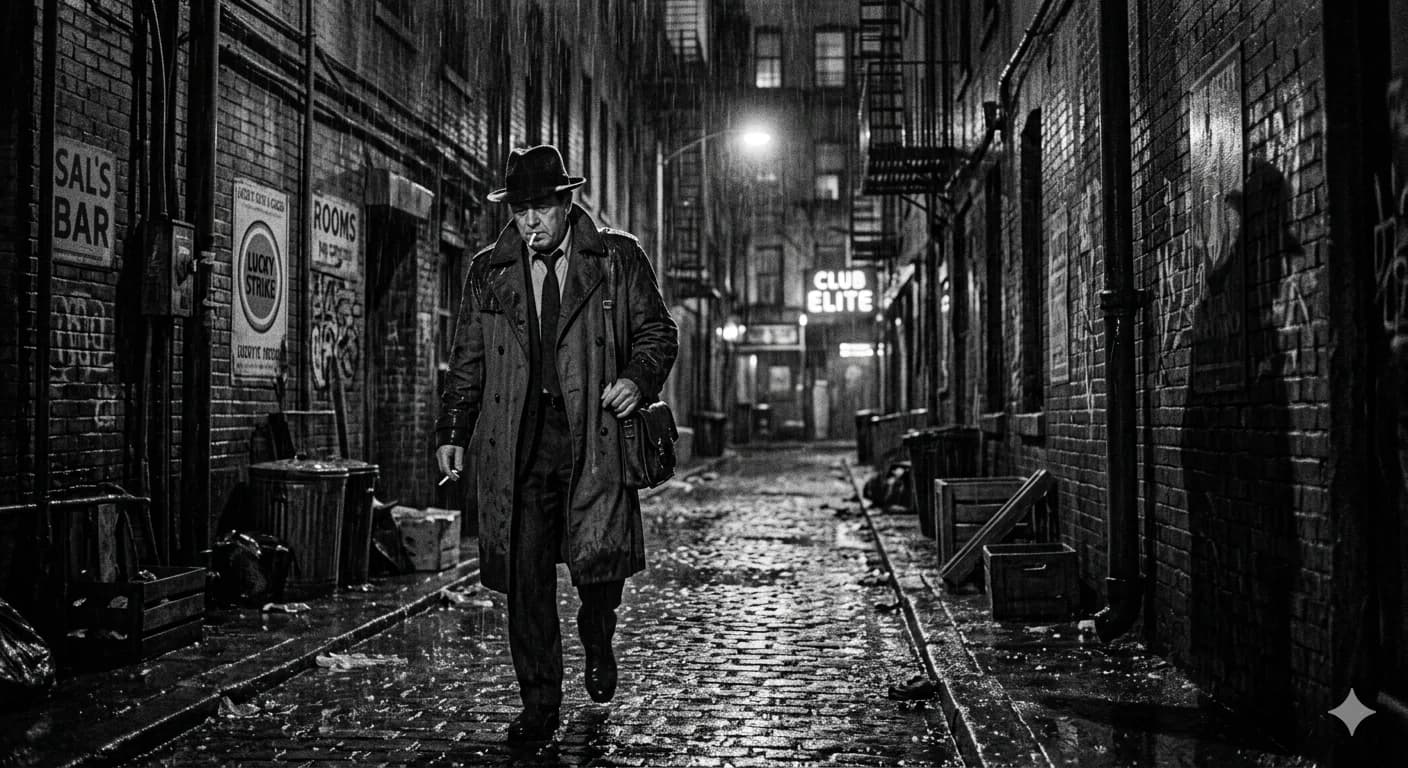 Basic prompt: detective in rainy alley, black and white