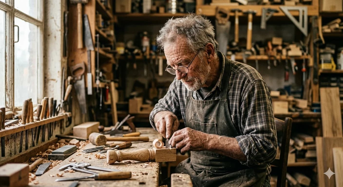 AI-generated portrait of elderly craftsman in natural workshop light