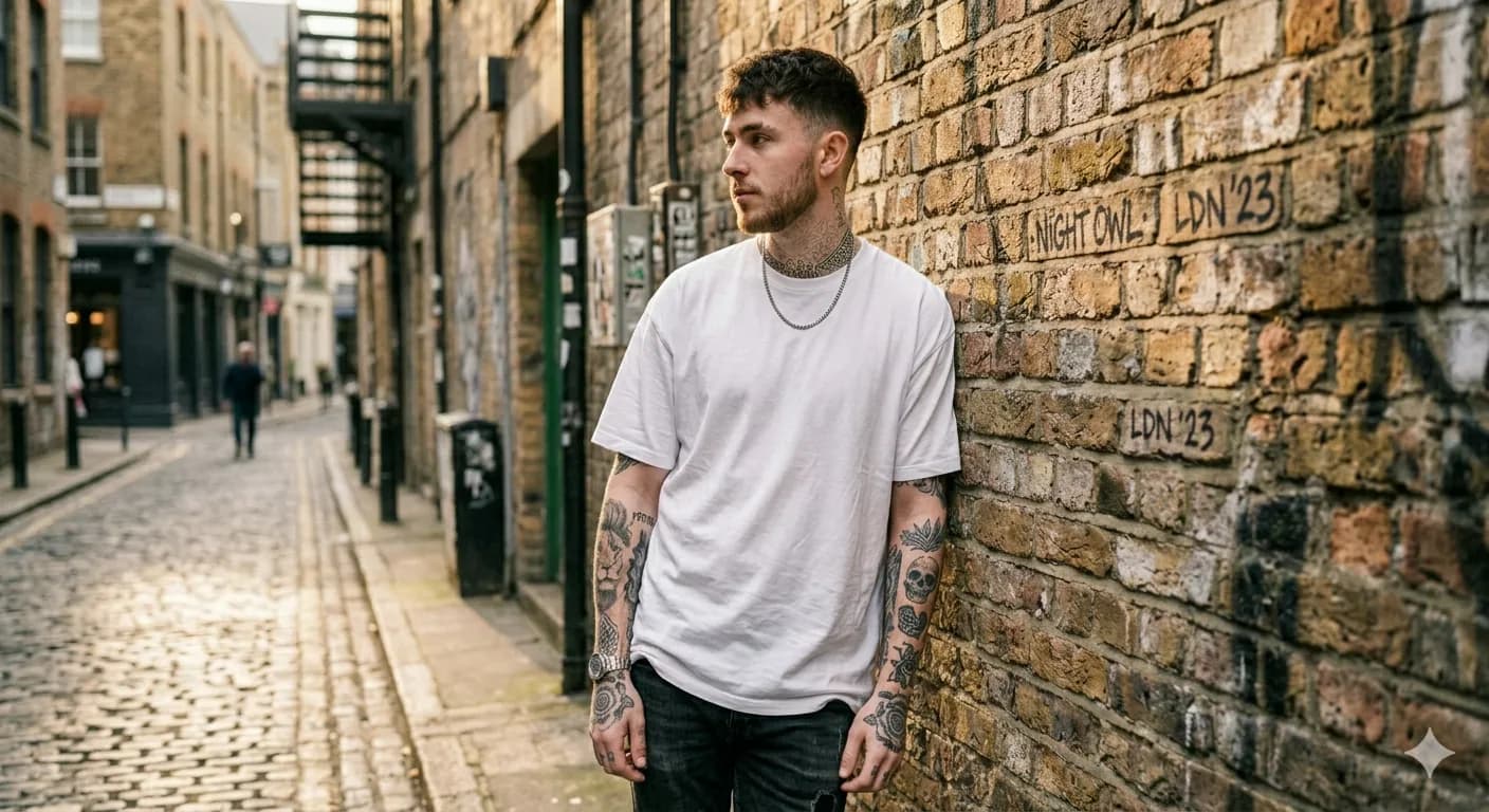Suvio AI prompt: young man with tattoos leaning against a brick wall, urban street mood
