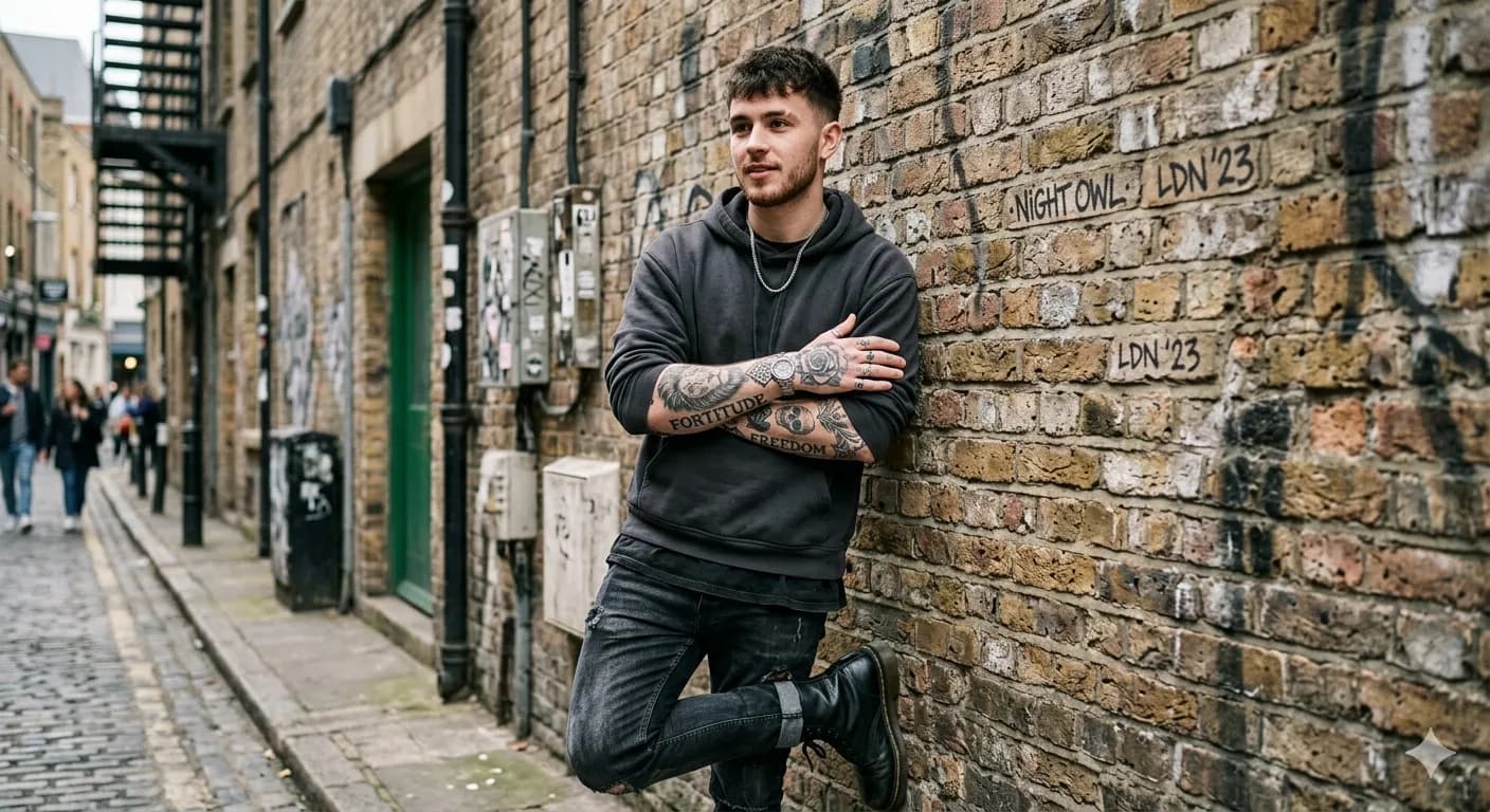 Basic prompt: young man with tattoos against a brick wall