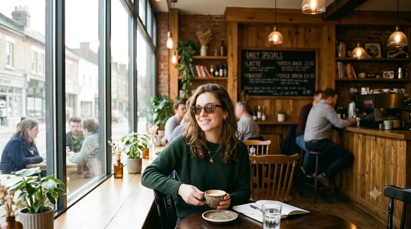 Basic prompt: young woman with sunglasses in a cafe