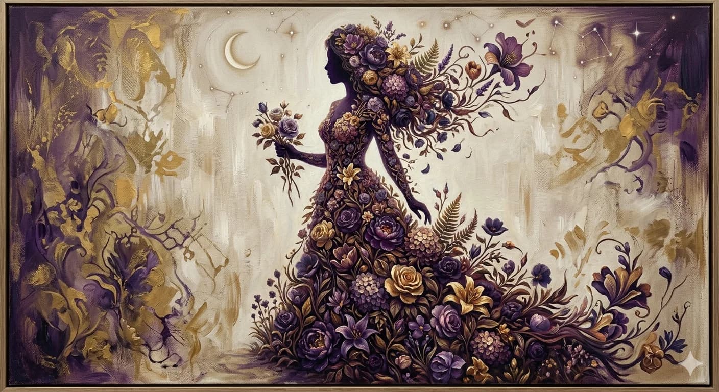 Suvio-optimized result: surreal fine art, woman composed of violet and gold botanical elements