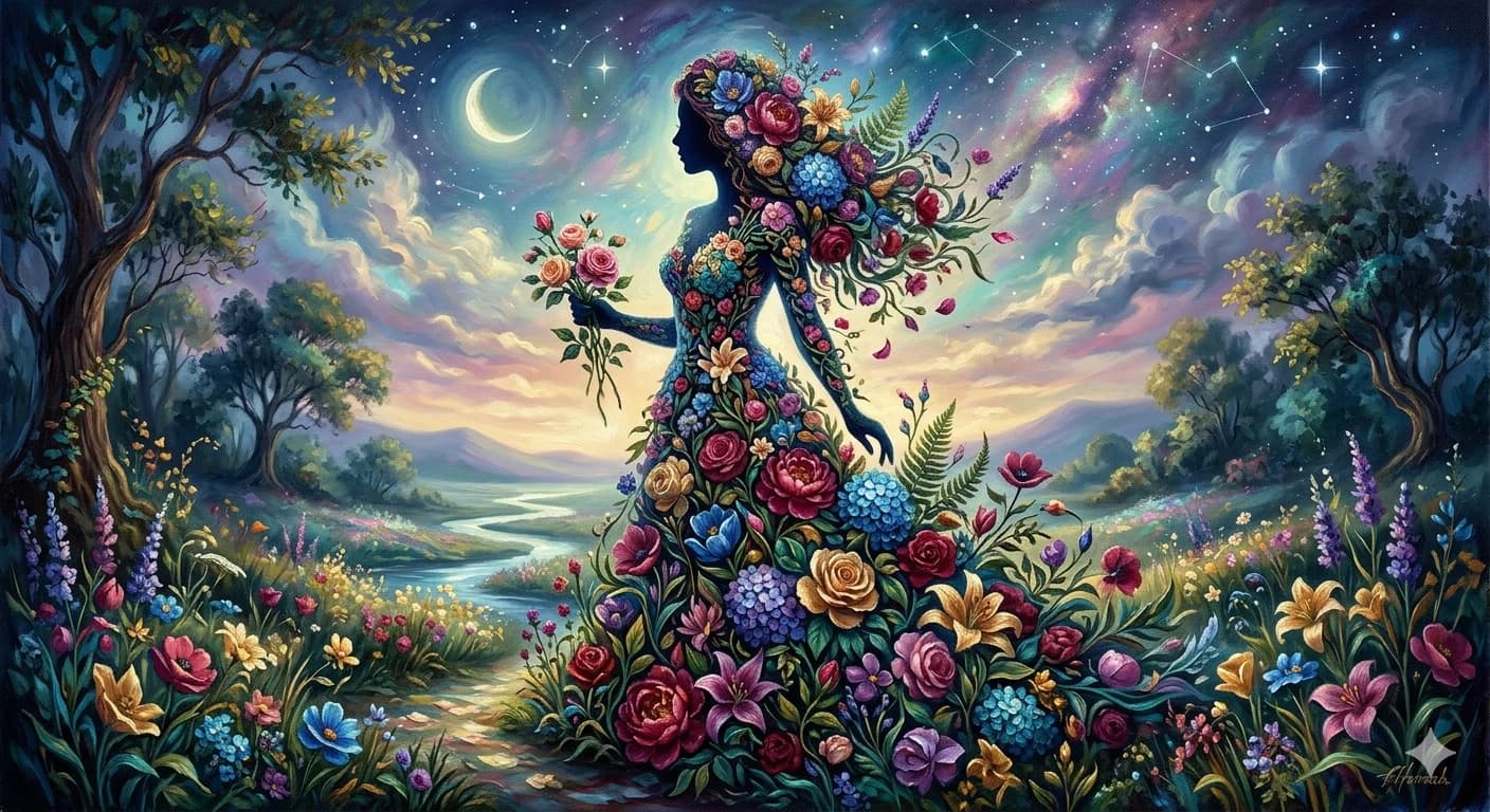Basic prompt result: woman made of flowers, generic garden scene